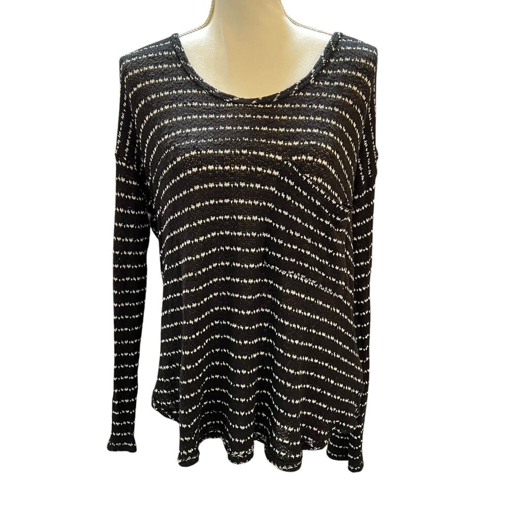 Free People Angel Island Hacci Knit Striped Slouchy Top Shirt Black White M